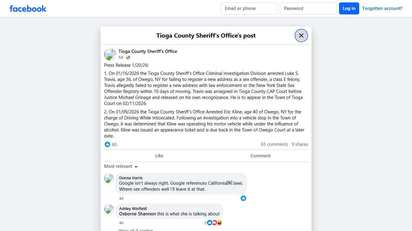 Press Release 1/20/26: 1.... - Tioga County Sheriff's Office Facebook